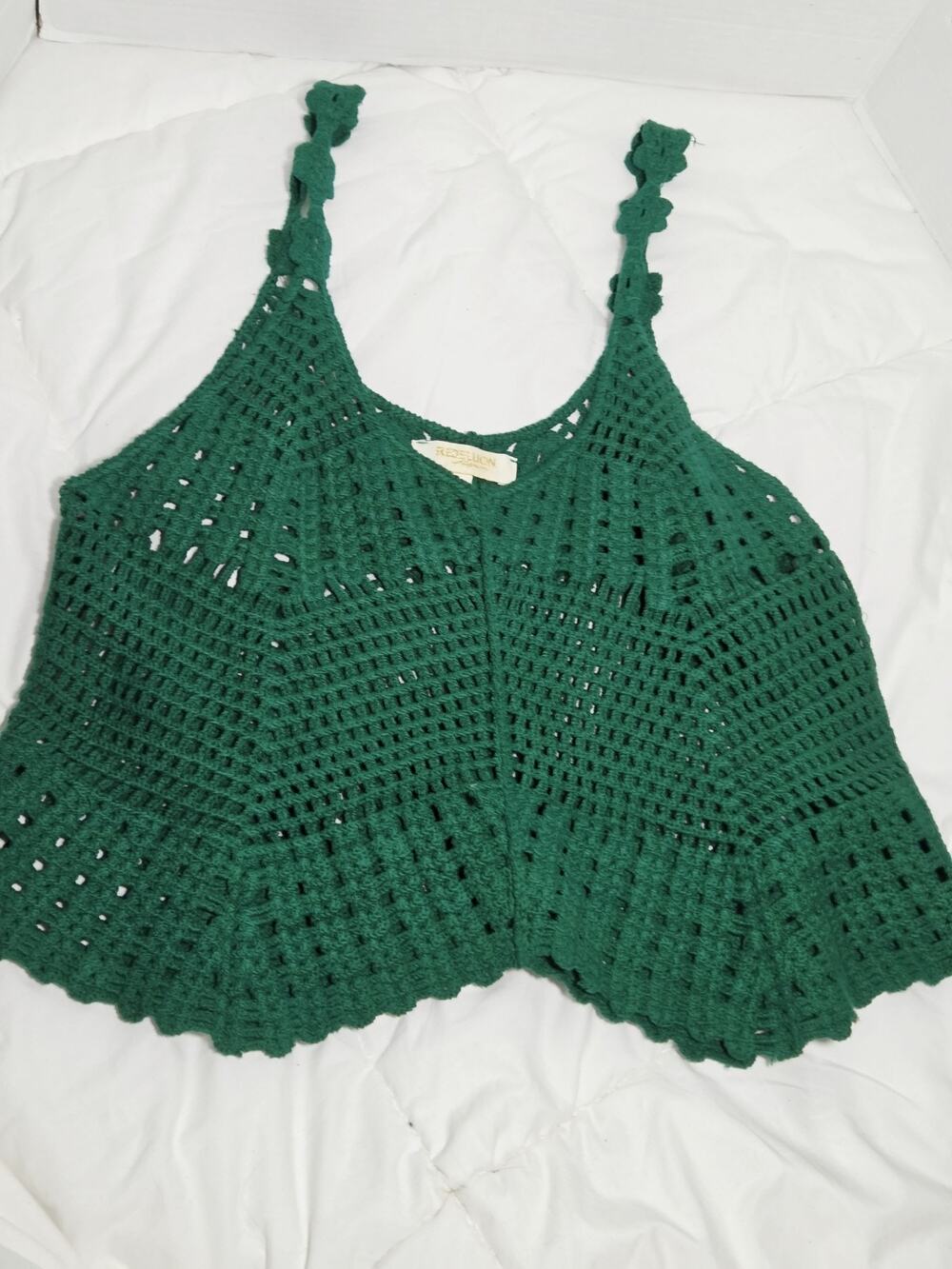 Rebellion Tank Top L Crochet Emerald Green Cotton Granny Square Y2k Retro Indie
